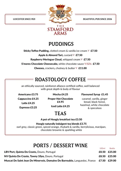First page of The Stamford Arms Aftermeal Menu