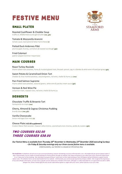 First page of The Stamford Arms Festive Menu 2026