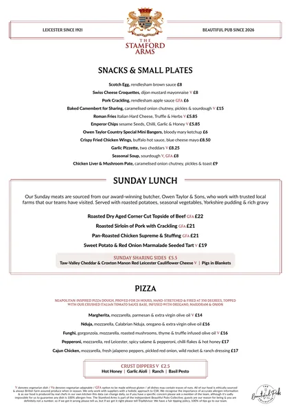 First page of The Stamford Arms Sunday Menu